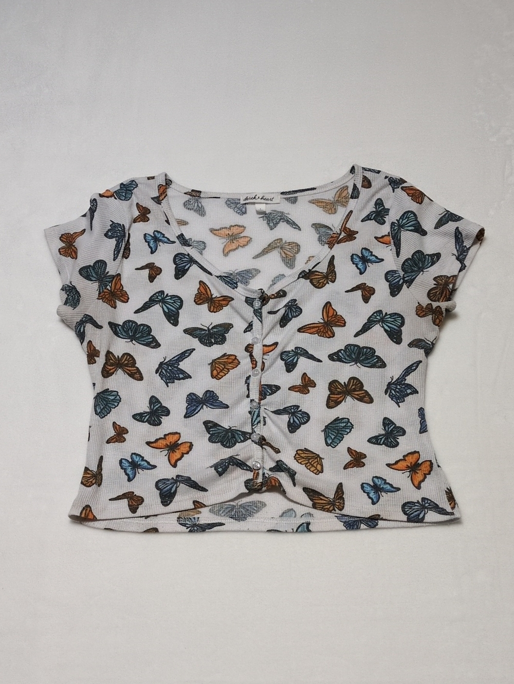 Derek Heart Butterfly Ribbed Crop Top Button Down L White Blue Orange Whimsigoth